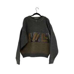 Saxony Mens Sweater Size M Gray Brown Knit Genuine Leather Wool Blend Pullover